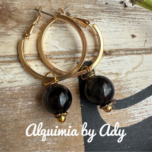 Alquimia Jewelry - Statement gold and black onyx charms hoop earrings